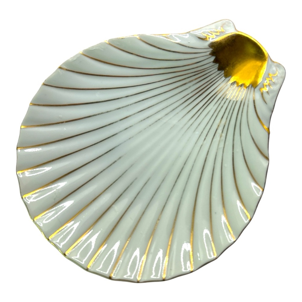 Vintage Royal Worcester Shell Shaped White & Gold Porcelain Dish 24k Gold Trim